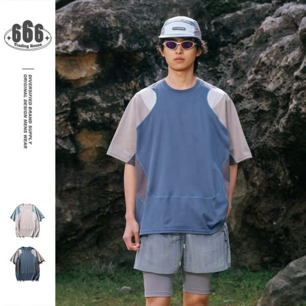 Men's Patchwork Contrast Color Sports T-shirt Loose Short Sleeve - Image 5