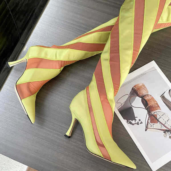 Pointed High Heel Elastic Thread Stitching Mesh Long Tube Over The Knee Boots - Image 4