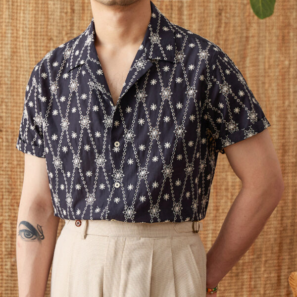 Holiday Pure Cotton Embroidery Cuban Collar Loose Shirt - Image 3