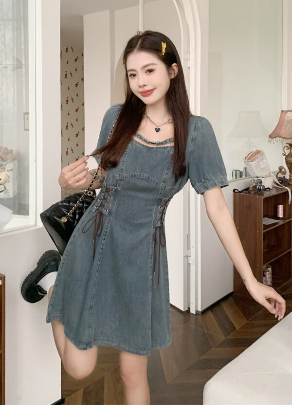 Plus Size Women's French Short Sleeve Dress Waist Slimming Denim Skirt Pear Shape - Image 5