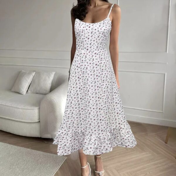 Ladies' Shallow V-neck Vacation Casual Small Floral Print Suspender Dress - Image 2