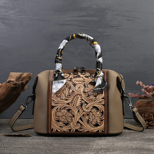 Leather Carving Stylish Textured Vintage First Layer Cowhide Portable Messenger Bag - Image 5
