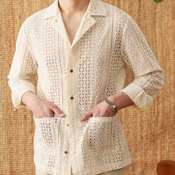 Cotton Hollow Cuban Collar Long Sleeve Shirt - Image 3