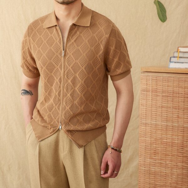 Cotton Zipper Hollow Short Sleeve Lapel Cardigan Casual Top - Image 2