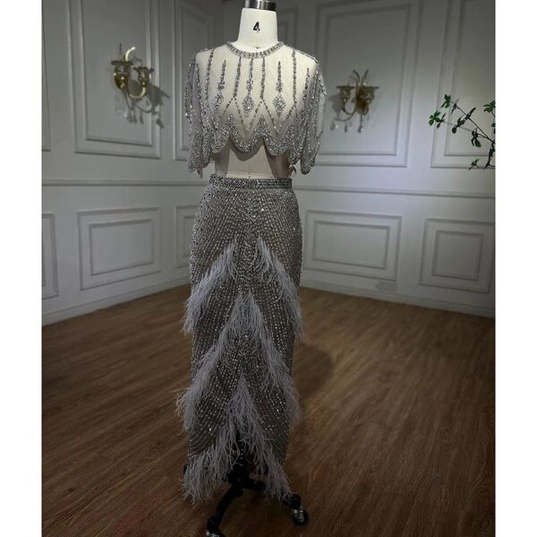 European And American Silver Nude Slim-fit Feather Shawl Host Performance Ladies' Evening Dress - Image 4