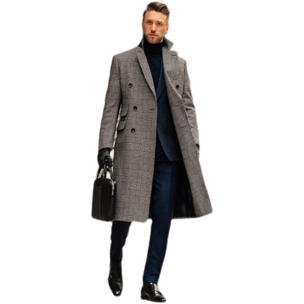 Full Wool Suit Collar Medium Length Double Breasted Checked Overcoat - Image 5