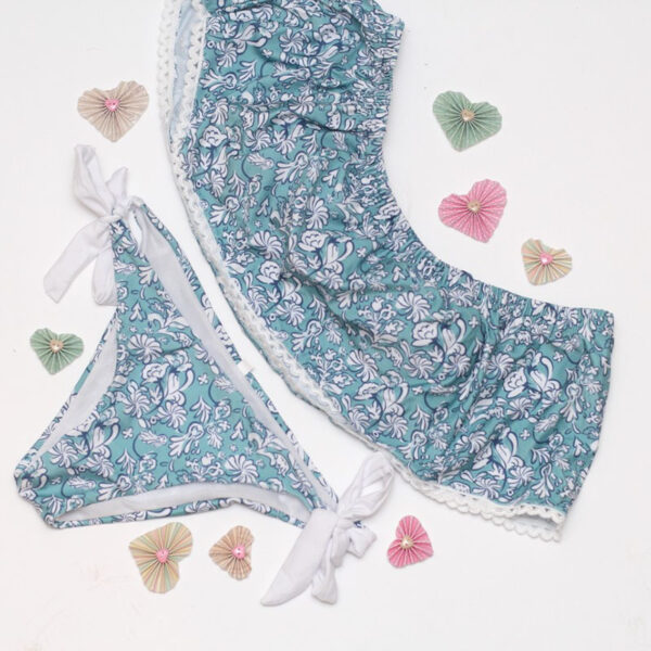 Light Blue Floral Pattern Strapless Off Shoulder Women Sexy Slit Bikini Set Swimwear Women Beach Bathing Swimsuit - Image 5