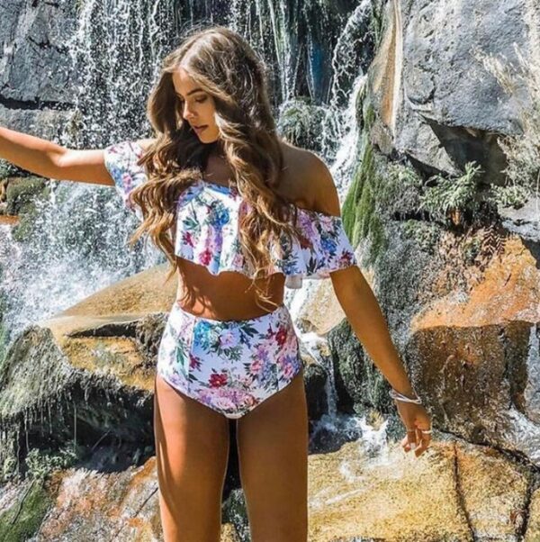 Sexy White Black Striped High Waist Biquini Ruffled Swim Bathing Suit Swimsuit Swimwear Women Off Shoulder Bikini - Image 6