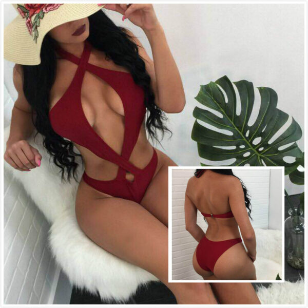 Amazon WISH New Sexy Halter Cross Design Solid Color Bikini Swimwear Women - Image 2