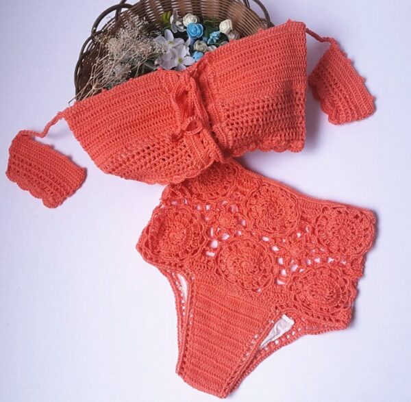 Knitted Swimwear Women Bikini Set Off Shoulder Swimsuit Bandeau Swimming Suit for Women Bandage High Waist Bathing Suit - Image 7