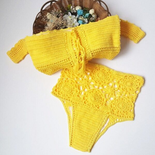 Knitted Swimwear Women Bikini Set Off Shoulder Swimsuit Bandeau Swimming Suit for Women Bandage High Waist Bathing Suit - Image 2