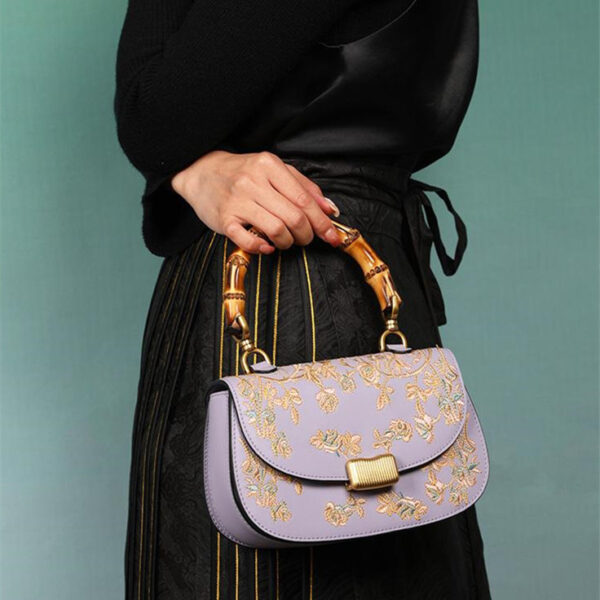 Cowhide Embroidery Ladies Bamboo Handbag - Image 3