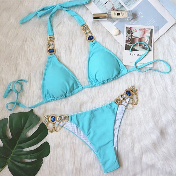 New Sexy Purple Halter Crystal Diamond Bikini Female Swimsuit Women Swimwear Rhinestone Bikini - Image 5