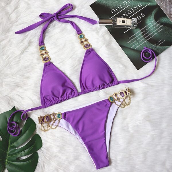 New Sexy Purple Halter Crystal Diamond Bikini Female Swimsuit Women Swimwear Rhinestone Bikini - Image 9