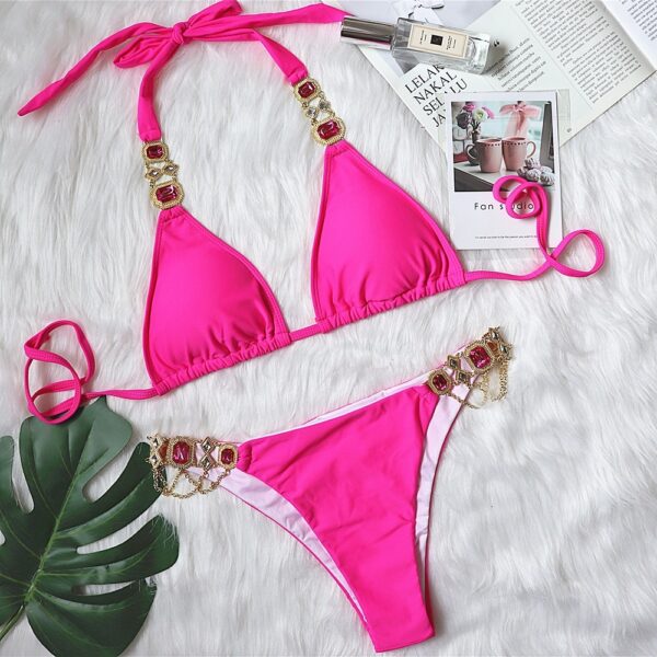 New Sexy Purple Halter Crystal Diamond Bikini Female Swimsuit Women Swimwear Rhinestone Bikini - Image 10