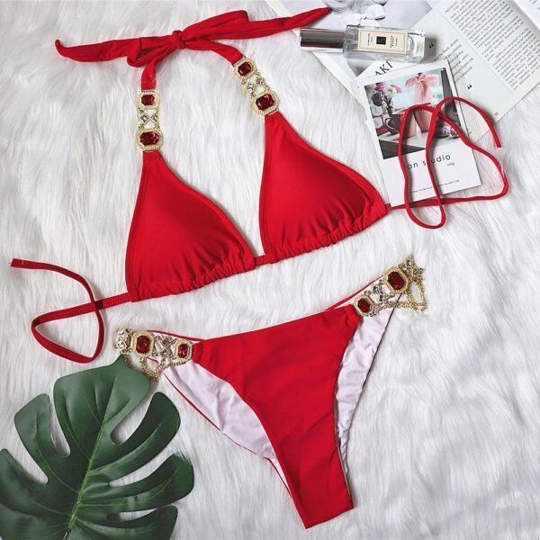 New Sexy Purple Halter Crystal Diamond Bikini Female Swimsuit Women Swimwear Rhinestone Bikini - Image 7