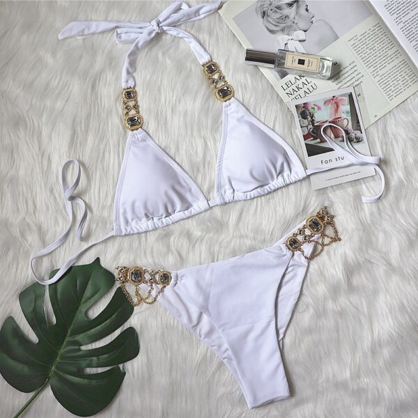 New Sexy Purple Halter Crystal Diamond Bikini Female Swimsuit Women Swimwear Rhinestone Bikini - Image 2