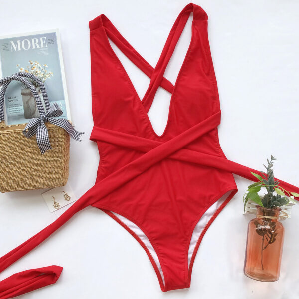 Swimsuit Women Push Up Lace Tie Bodysuit Brazil Deep V Neck Halter Swimsuit Swimwear - Image 4