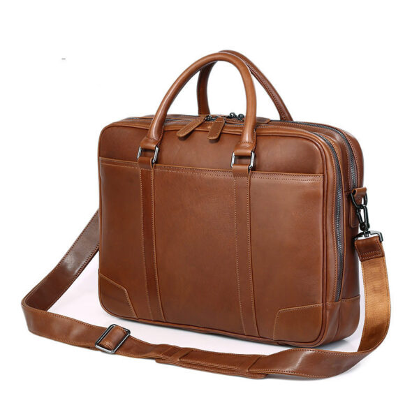 Computer Bag Tree Cream Leather Briefcase Double Layer Zipper Bag - Image 4