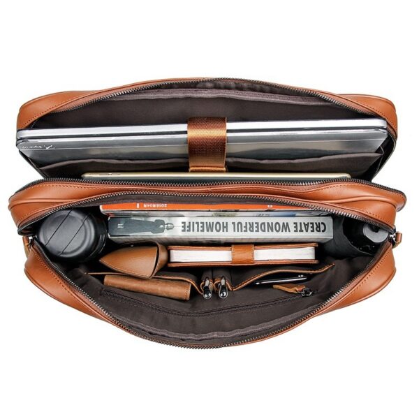 Computer Bag Tree Cream Leather Briefcase Double Layer Zipper Bag - Image 2