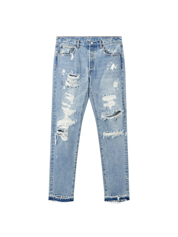 Distressed Washed Retro Light-colored Jeans With Ripped Raw Edges - Image 3