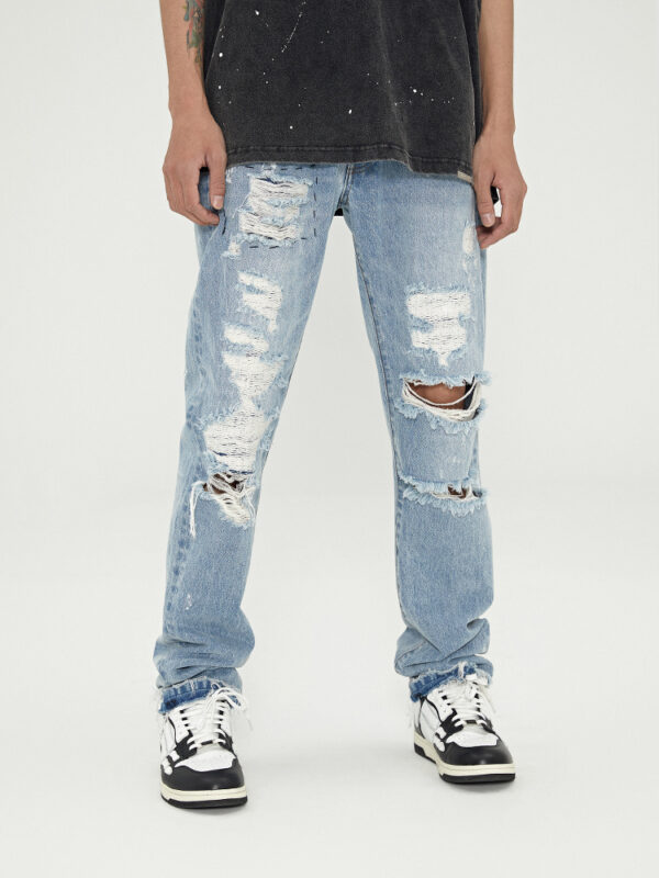 Distressed Washed Retro Light-colored Jeans With Ripped Raw Edges - Image 2