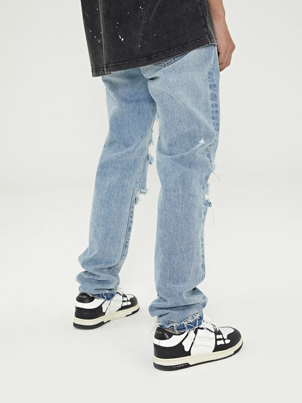 Distressed Washed Retro Light-colored Jeans With Ripped Raw Edges - Image 5