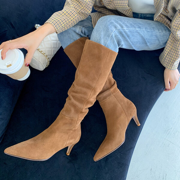 French Suede Boots Women's Brown Stiletto Heel - Image 5