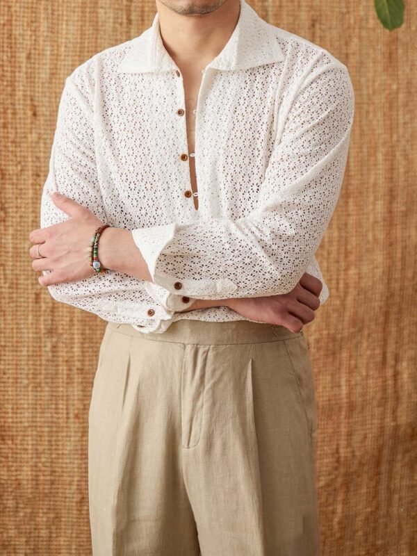 Open Collar Hollow Breathable Casual Long-sleeved Shirt - Image 4