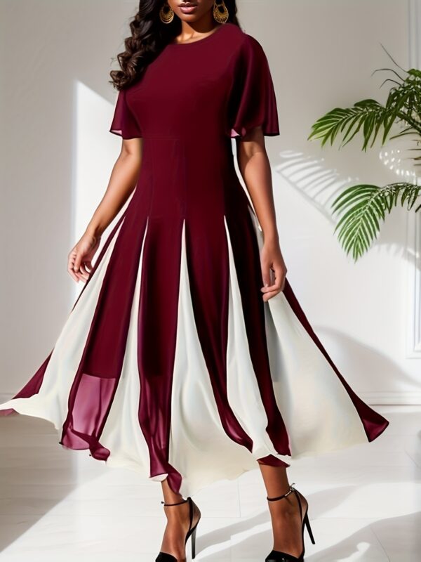 Contrast-color Chiffon Stitching Round Neck Short-sleeved Large Swing Dress Spring And Summer Women's Clothing - Image 2