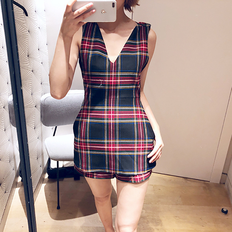 Autumn And Winter British Style Plaid V-neck Slim Fit Dress
