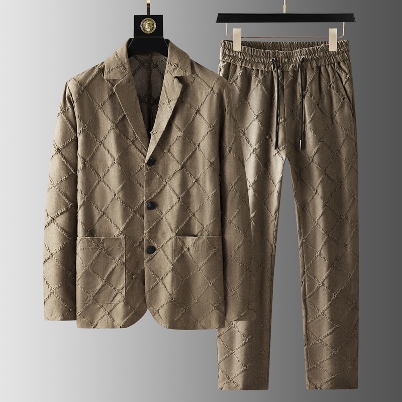 High-end Men’s Fashion Tailored Suit Collar Jacquard Thin Long Sleeve Two-piece Set