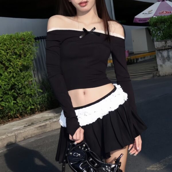 Pure Desire Wind Sweet One Shoulder Bow Long Sleeve Top Half Body Short Skirt Set - Image 6
