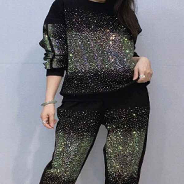 New Round Neck Pullover Long Sleeve Sweater Trousers Women's Clothing Starry Diamond Two-piece Set - Image 3
