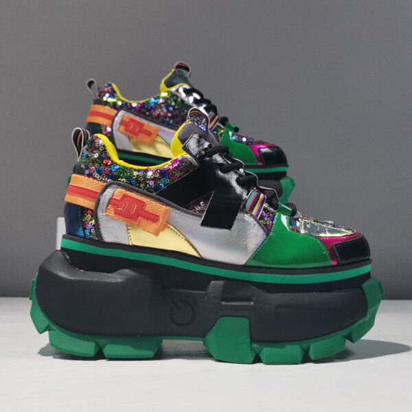 Leather Sequins And Color-blocking Sponge Cake Platform Height-enhancing Shoes - Image 5
