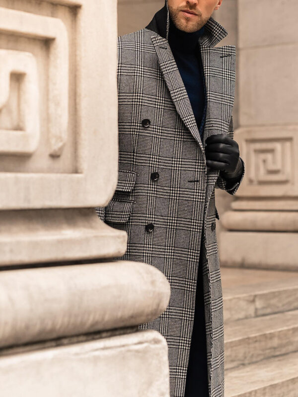 Full Wool Suit Collar Medium Length Double Breasted Checked Overcoat - Image 6