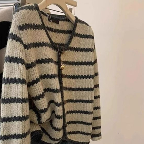 Vintage Stripe Knitted Coat For Women Autumn And Winter