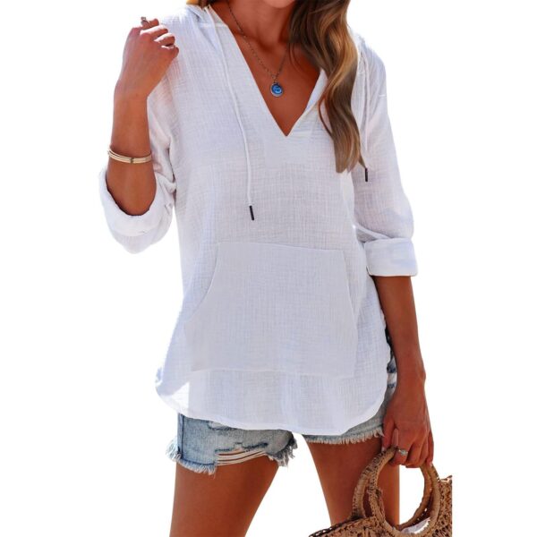 Sports Long Sleeve V-neck Pocket Hooded Women's Shirt Top - Image 8