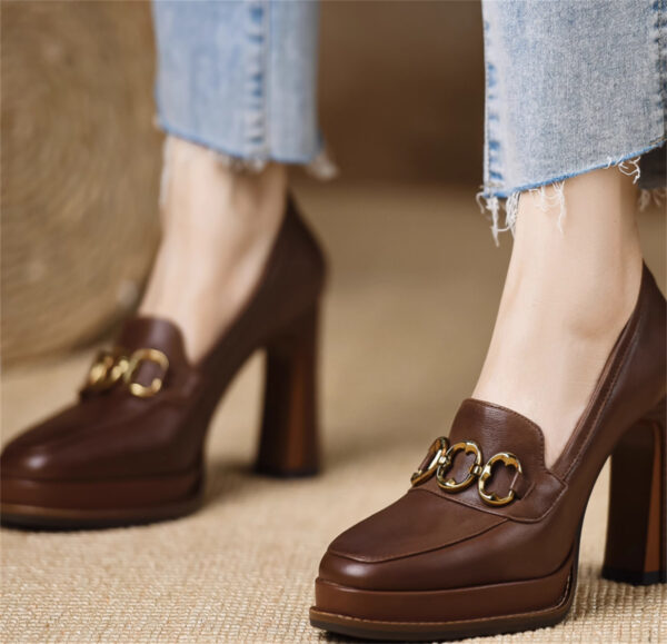 Women's Brown Thick-heeled Sheepskin Shoes - Image 3