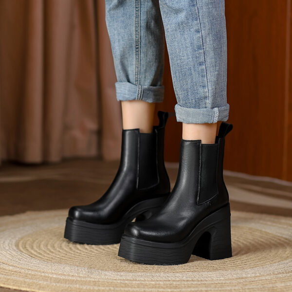 Women's Square Toe Chunky Heel Platform Ankle Boots - Image 3