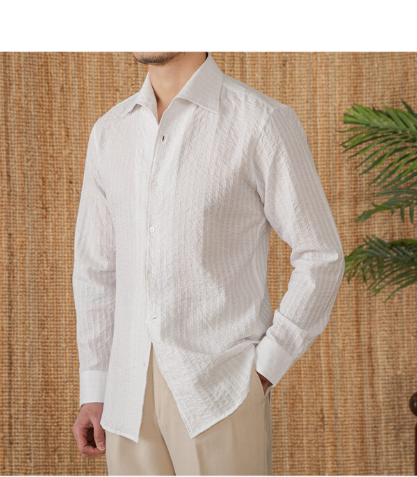 Cotton Seersucker Thin Long-sleeved Shirt One Collar Casual Shirt - Image 5