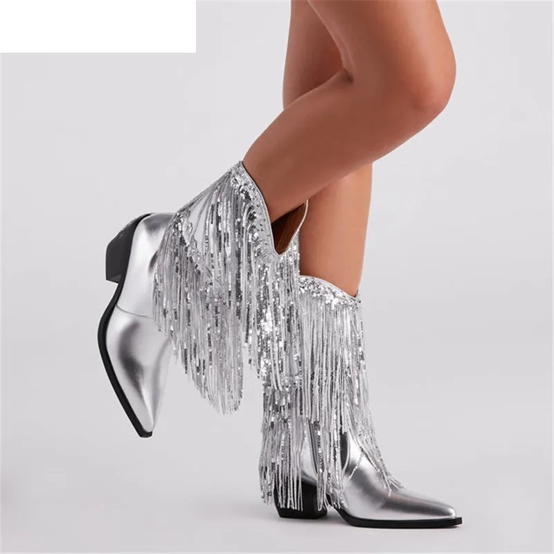 Cross-border Independent Station Fashion Runway Chunky Heel Tassel Boots Women’s Shoes
