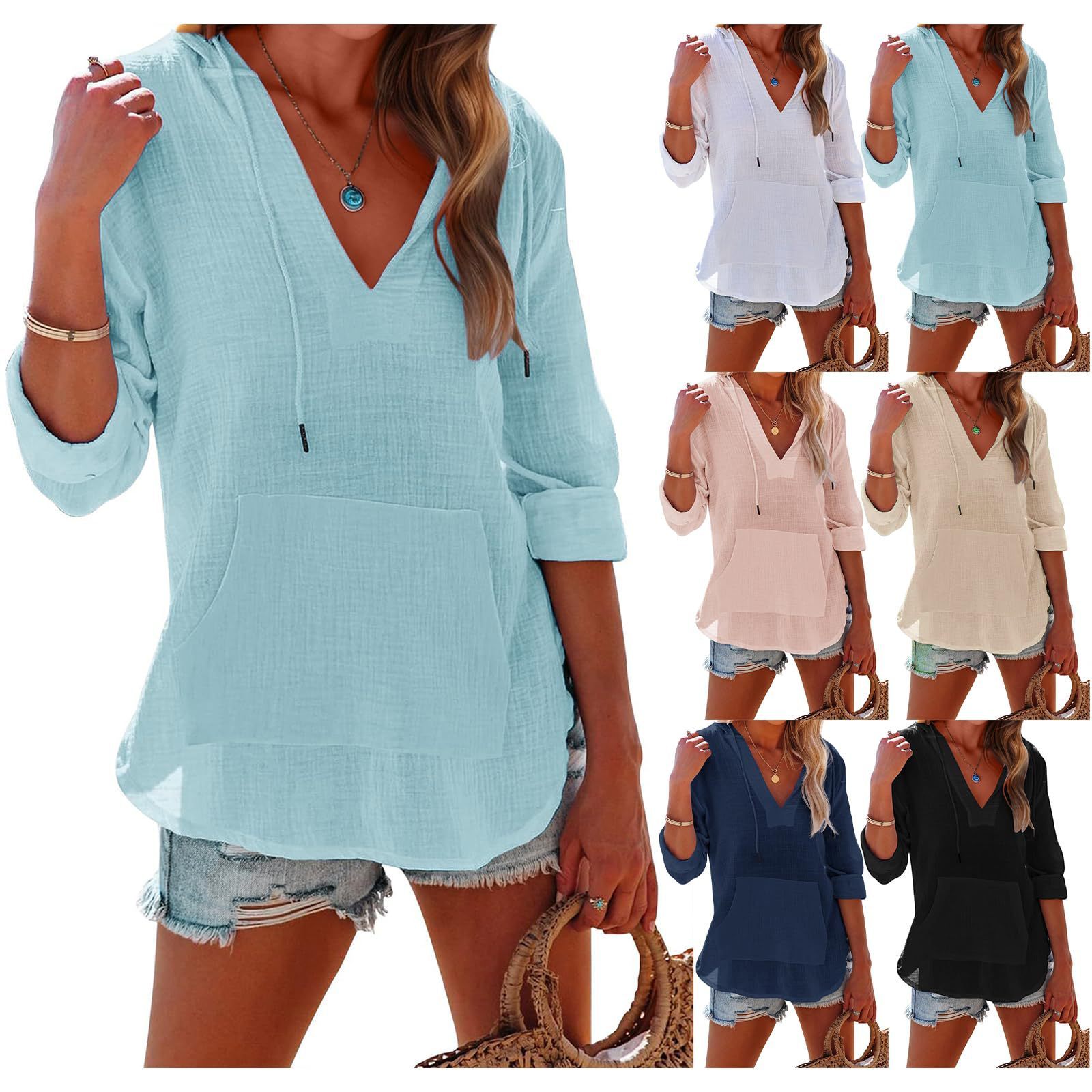 Sports Long Sleeve V-neck Pocket Hooded Women’s Shirt Top