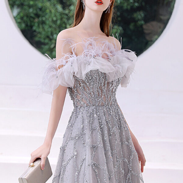 One Word Shoulder Banquet Temperament Ladies Senior Sense Dress - Image 5