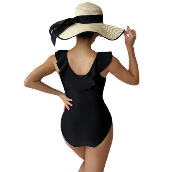 One-piece Bikini Black Polyester Fabric Lotus Leaf Flying Edge Plus Size Conservative Swimwear Women - Image 5