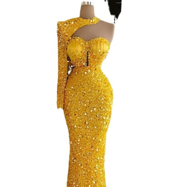 Sequined Pearl Embroidery Lace Asymmetric Single Sleeve Dress - Image 2