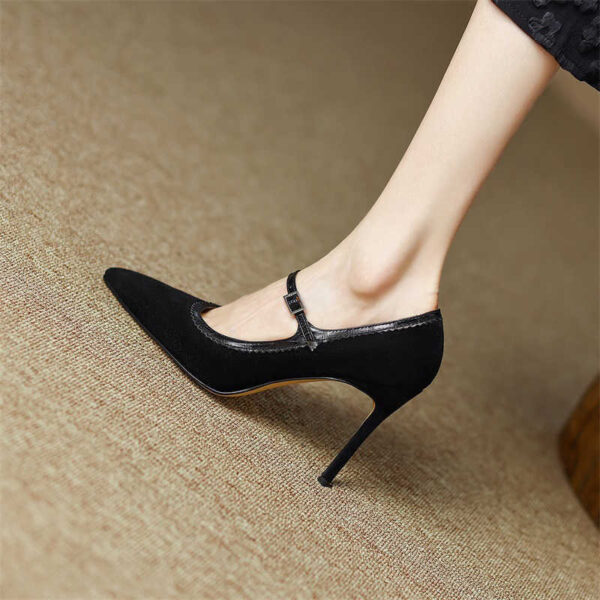 Women's Stiletto Heel Genuine Leather Buckle Pointed Toe Low-cut Shoes - Image 5