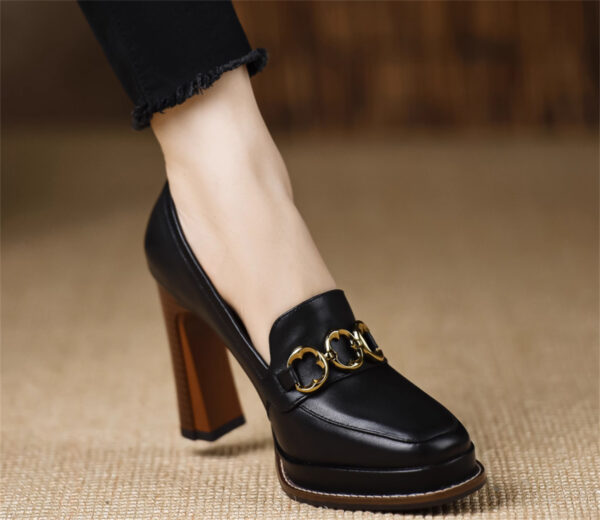Women's Brown Thick-heeled Sheepskin Shoes - Image 6