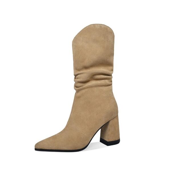 Women's Korean Style Thick Heel Pointed Toe Nubuck Leather Folded Mid-tube Ankle Boots - Image 2