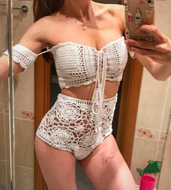 Knitted Swimwear Women Bikini Set Off Shoulder Swimsuit Bandeau Swimming Suit for Women Bandage High Waist Bathing Suit - Image 3